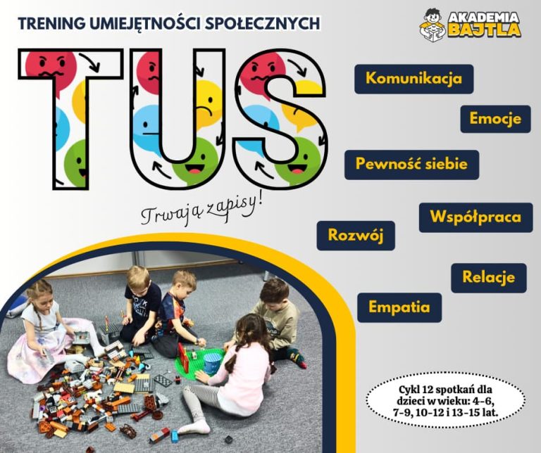TUS, Trening umiejętności społecznych, TUS Dąbrowa Górnicza, Akademia Bajtla, Akademia Bajtla Dąbrowa Górnicza, Zajęcia z klockami, Zajęcia dla dzieci Dąbrowa Górnicza, zajęcia dodatkowe Dąbrowa Górnicza, TUS dla dzieci,